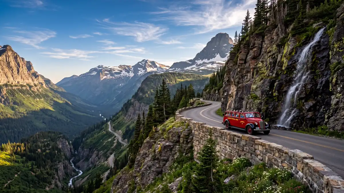 Going-to-the-Sun Road serpentine alpine highway with valley views in Glacier National Park Montana