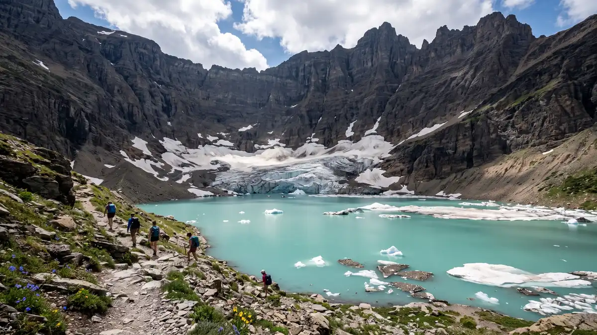 Grinnell Glacier receding ice wall with turquoise meltwater lake and icebergs in Glacier National Park