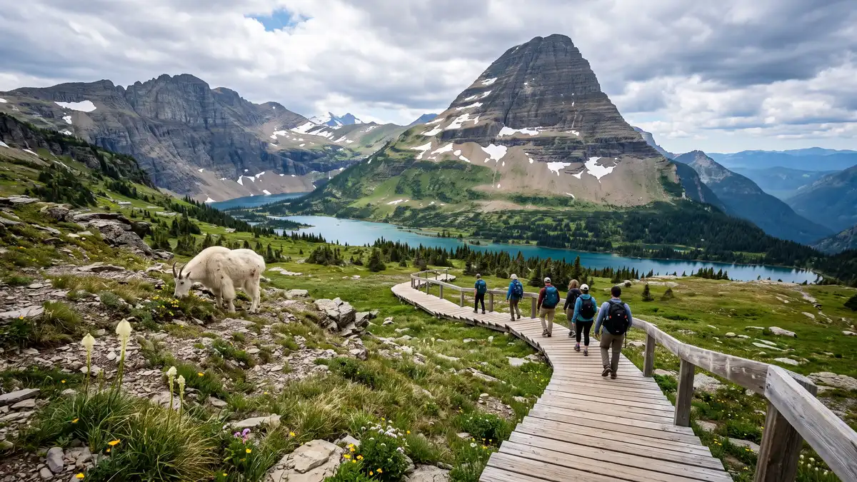 Hidden Lake Overlook alpine meadow with wildflowers and mountain goat at Logan Pass Glacier National Park