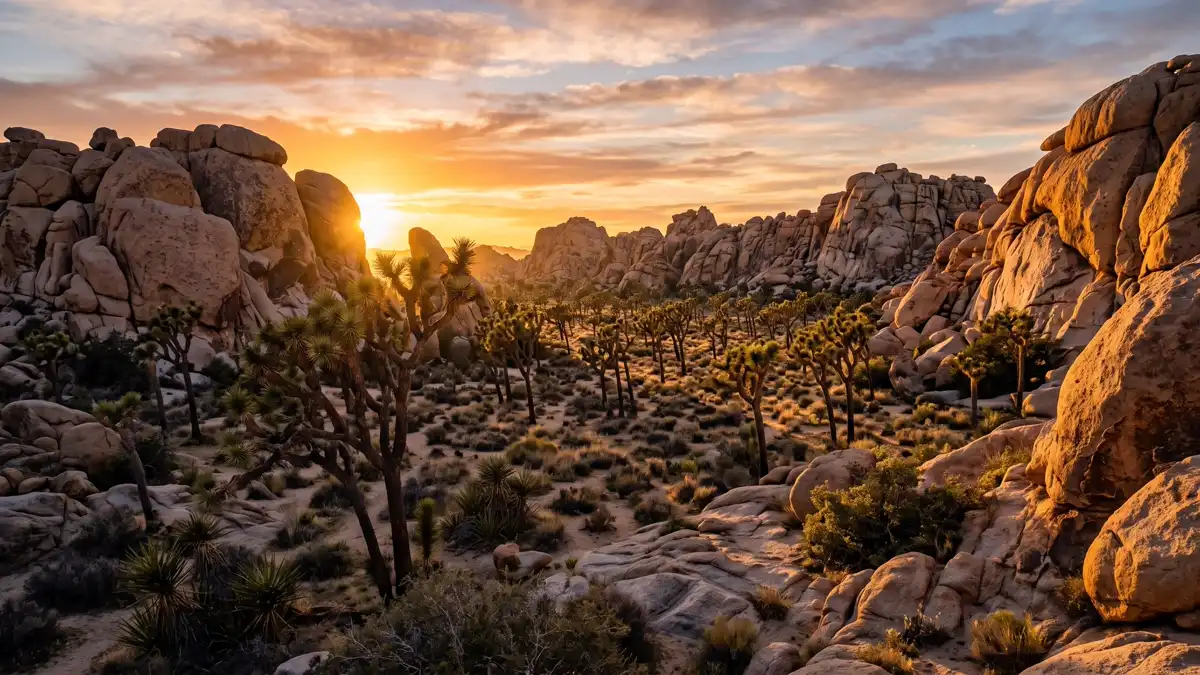 Hidden Valley enclosed by massive boulders with Joshua trees at golden sunset in Joshua Tree National Park