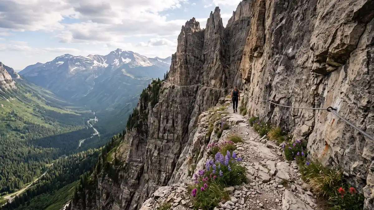 Hiker on exposed Highline Trail along the Garden Wall with Continental Divide views in Glacier National Park