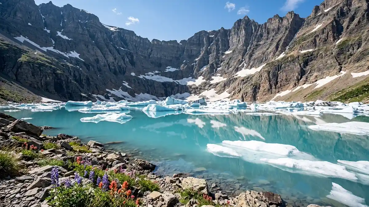 Iceberg Lake with floating ice chunks in turquoise water surrounded by cirque walls in Glacier National Park