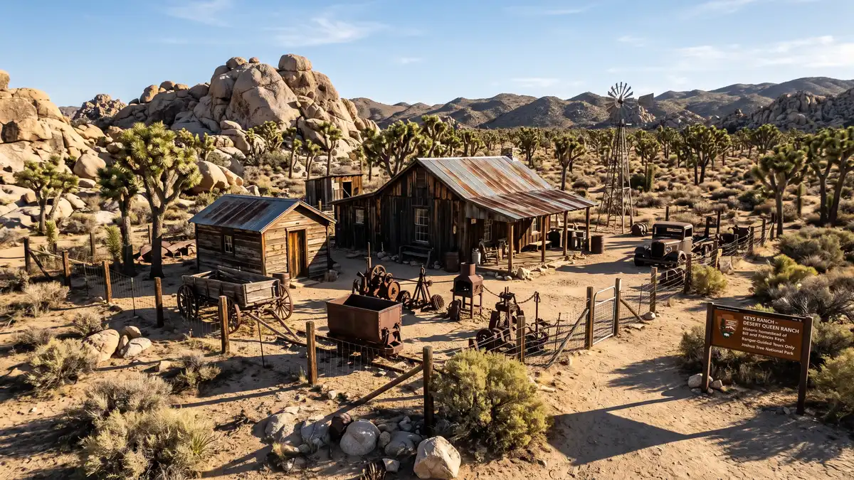Historic Keys Ranch homestead buildings in the desert at Joshua Tree National Park