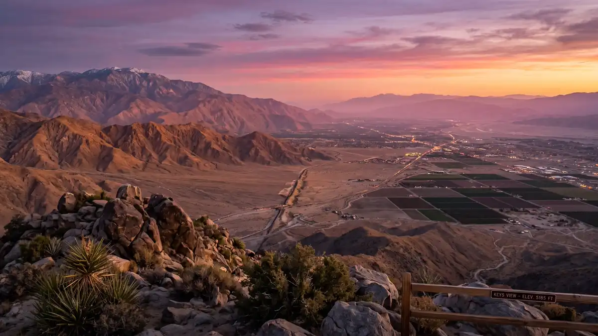 Panoramic view from Keys View overlooking Coachella Valley and San Andreas Fault at sunset in Joshua Tree National Park