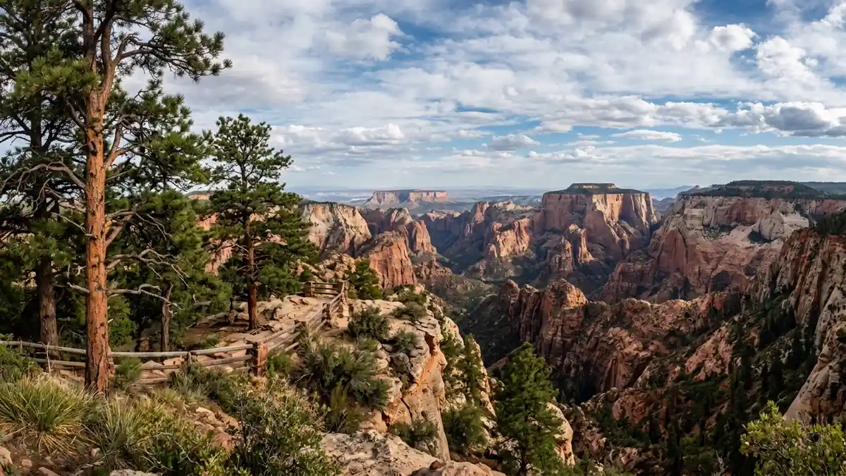 Panoramic view from Lava Point Overlook at 7890 feet across red canyon landscape of Zion National Park Utah