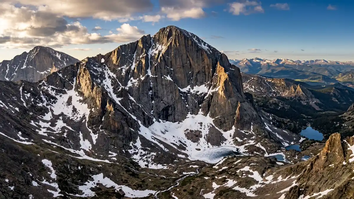 Longs Peak fourteener with Diamond east face and Keyhole Route in Rocky Mountain National Park