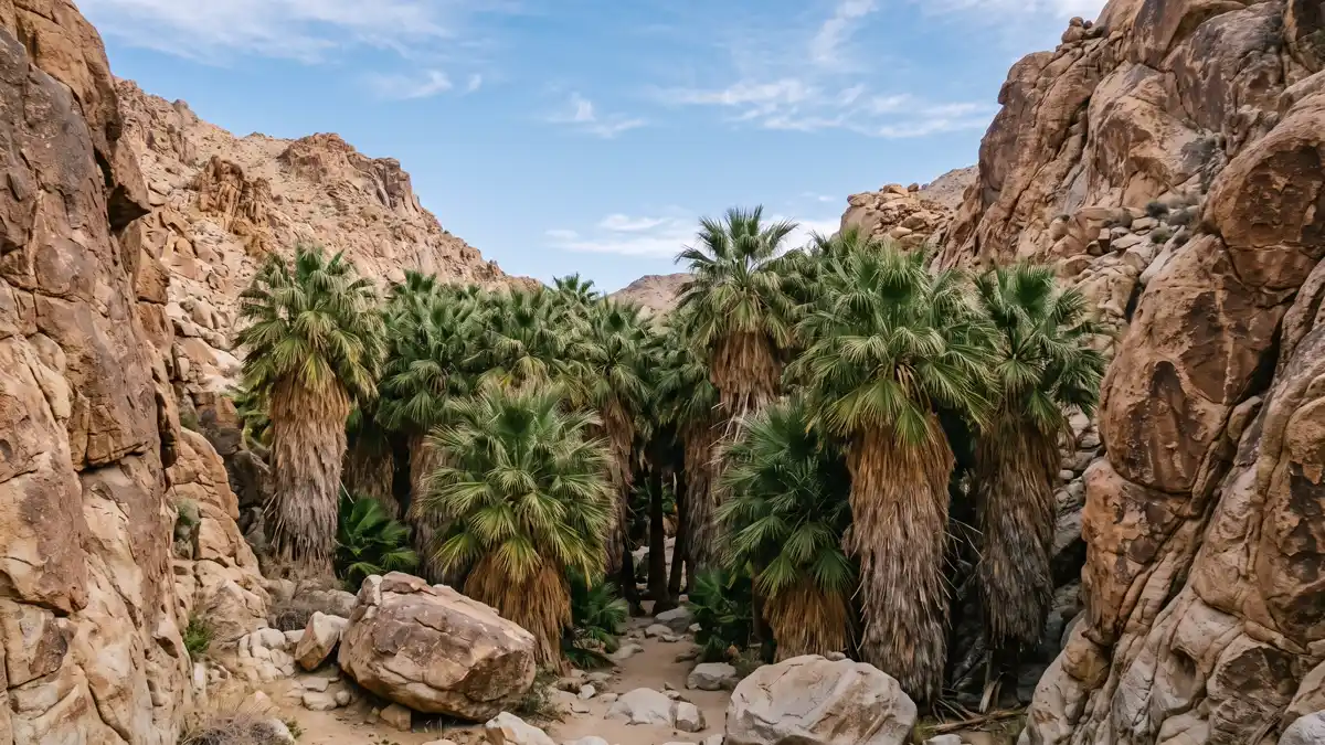 Over 100 California fan palms in a hidden canyon at Lost Palms Oasis Joshua Tree National Park