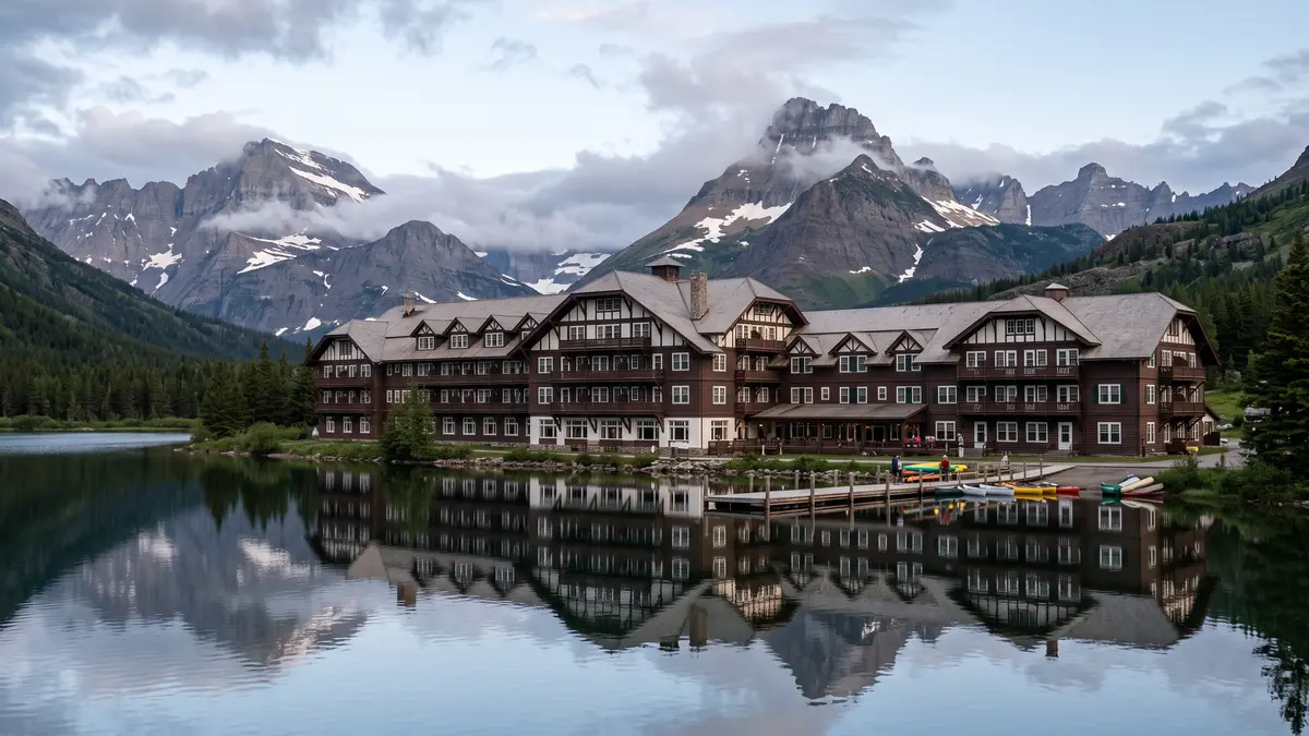 Many Glacier Hotel reflected in Swiftcurrent Lake at sunrise with pink alpenglow in Glacier National Park