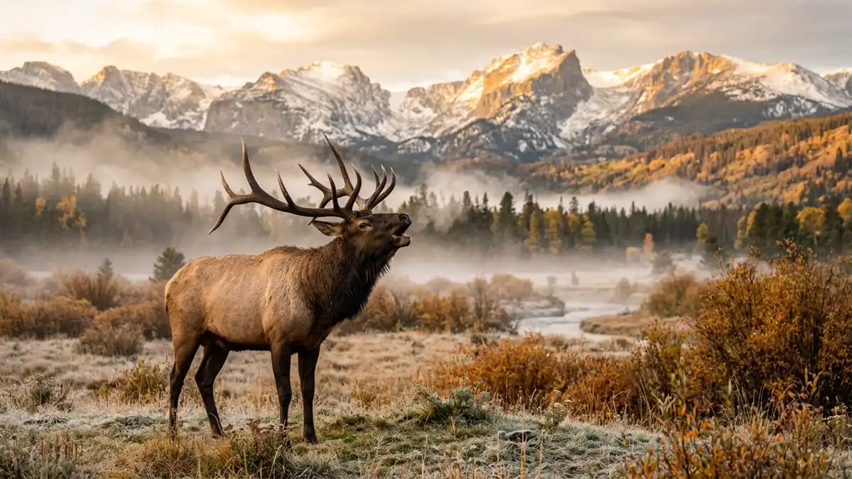 Bull elk with large antler rack bugling in Moraine Park meadow at dawn with mist rising in Rocky Mountain National Park Colorado