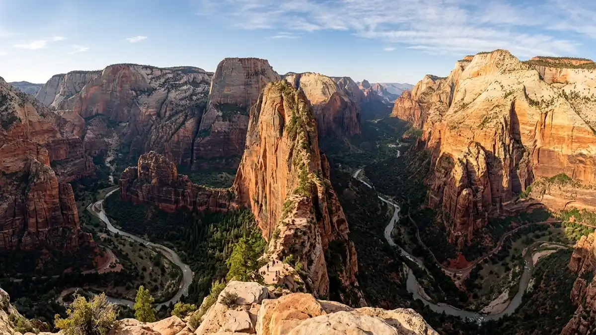 Panoramic view from Observation Point looking down on Angels Landing in Zion National Park