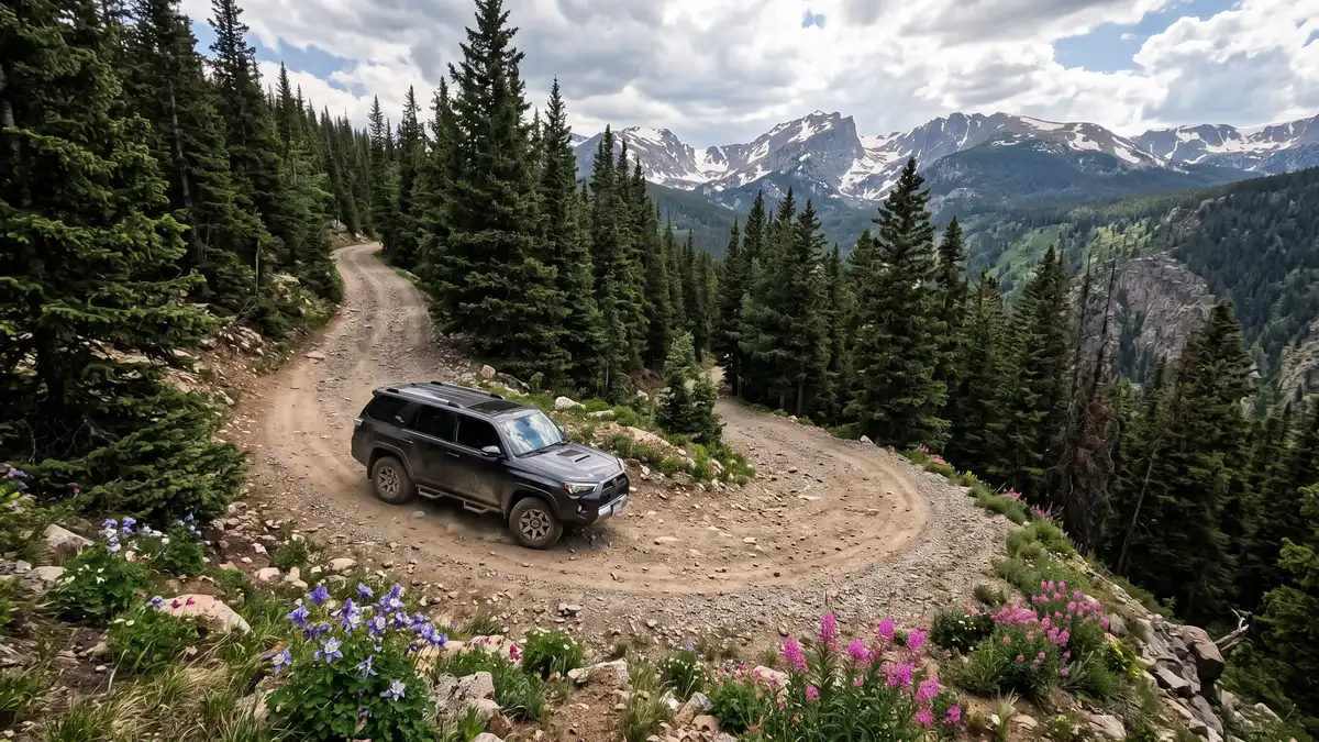 Old Fall River Road unpaved 1920 route through forest in Rocky Mountain National Park