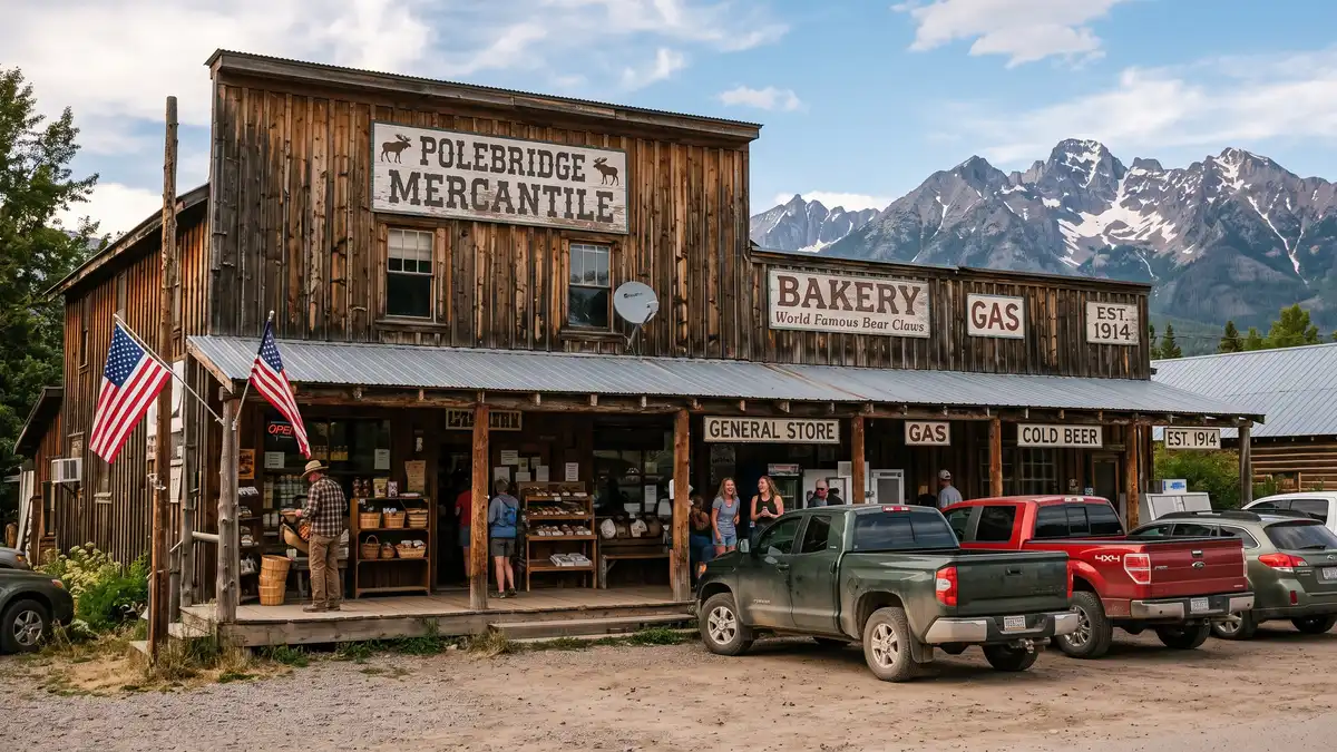 Historic Polebridge Mercantile 1914 solar-powered general store with huckleberry bearclaws near Glacier National Park Montana