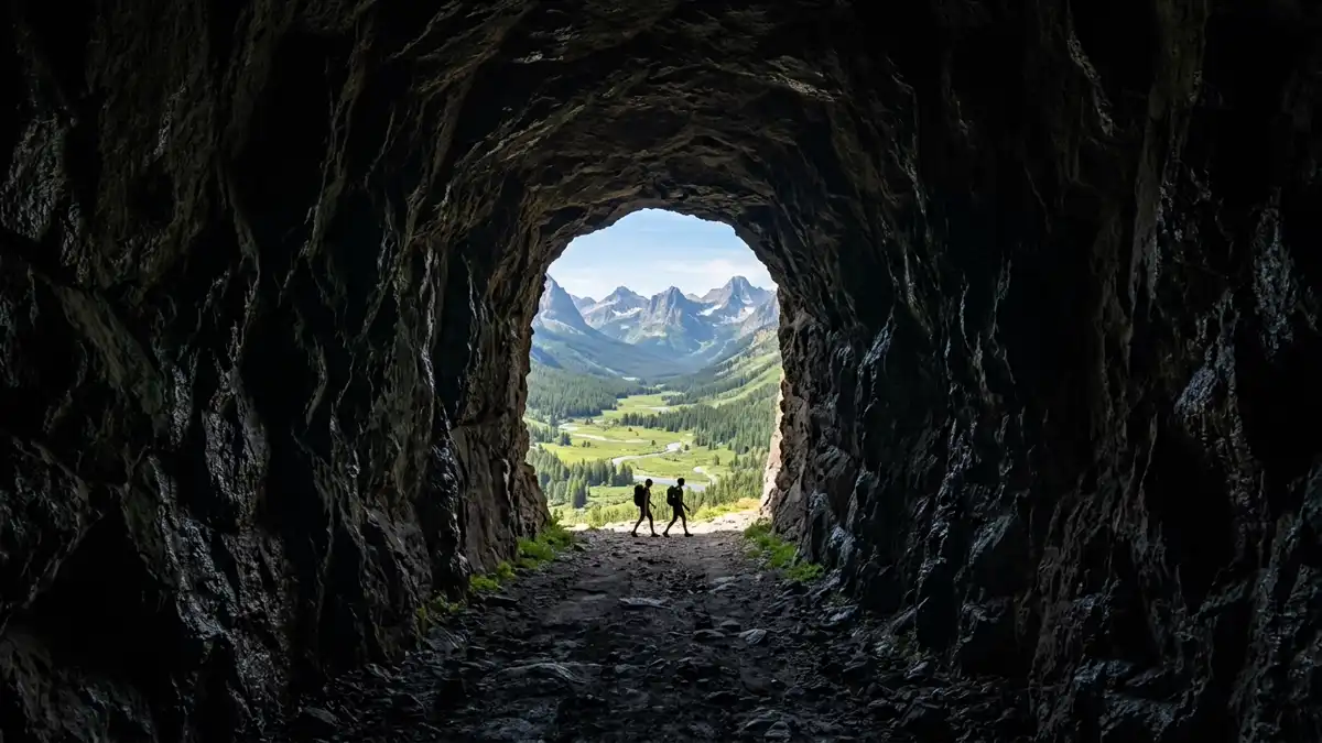 View through Ptarmigan Tunnel portal to Belly River valley in Glacier National Park