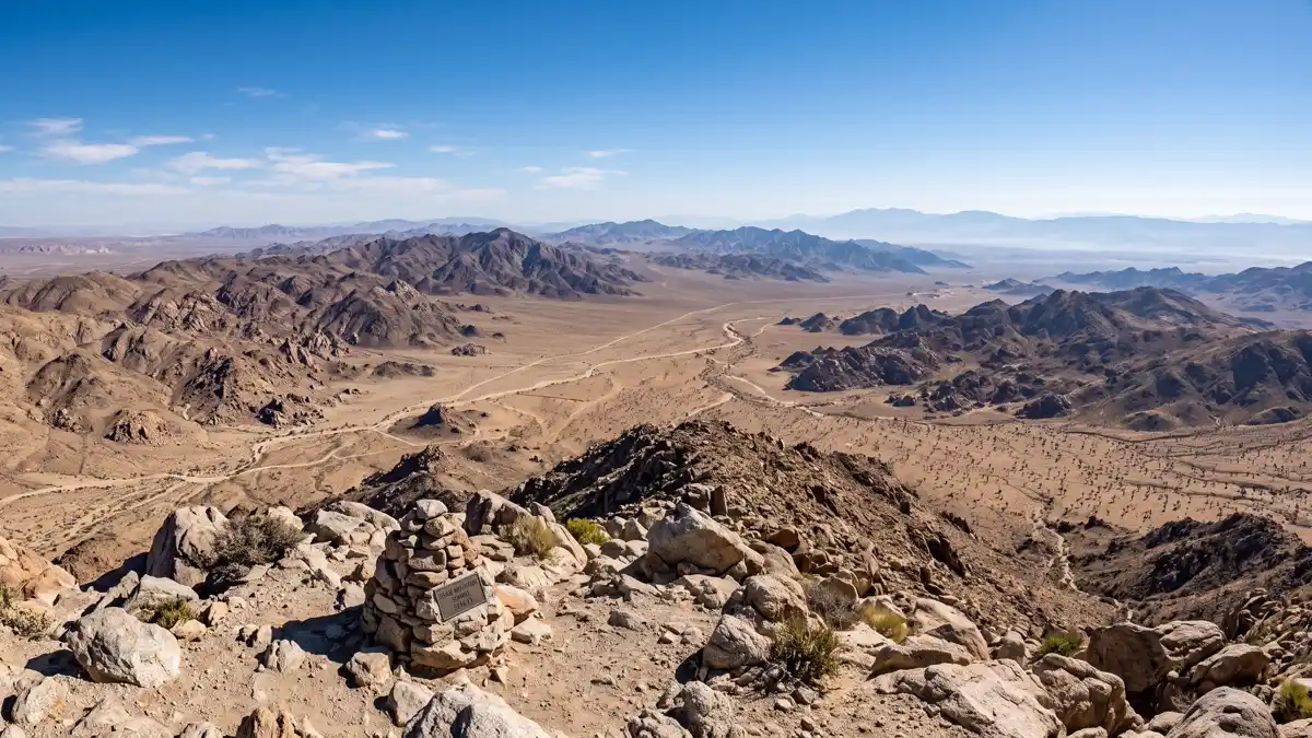 Panoramic desert view from Ryan Mountain summit at 5456 feet in Joshua Tree National Park
