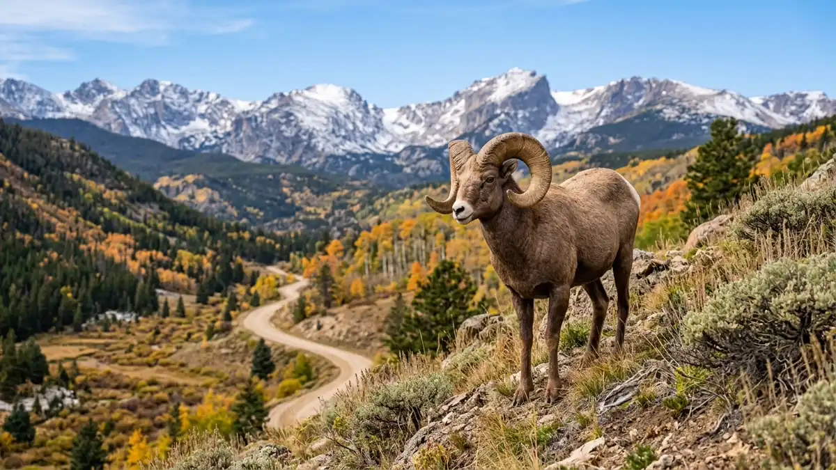 Bighorn sheep with curved horns at Sheep Lakes mineral lick with Mummy Range backdrop in Rocky Mountain National Park Colorado
