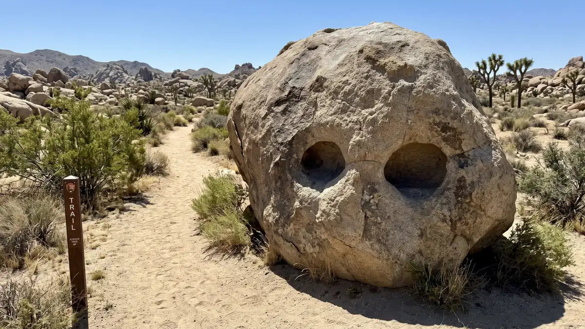 Skull Rock granite formation with hollow eye-socket erosion in morning light at Joshua Tree National Park