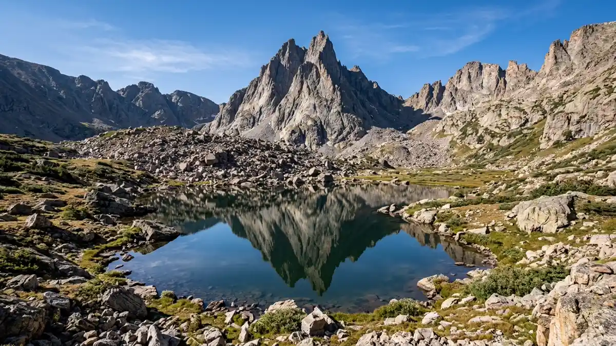 Sky Pond alpine lake at 10900 feet beneath the jagged Sharkstooth granite spire in Rocky Mountain National Park Colorado