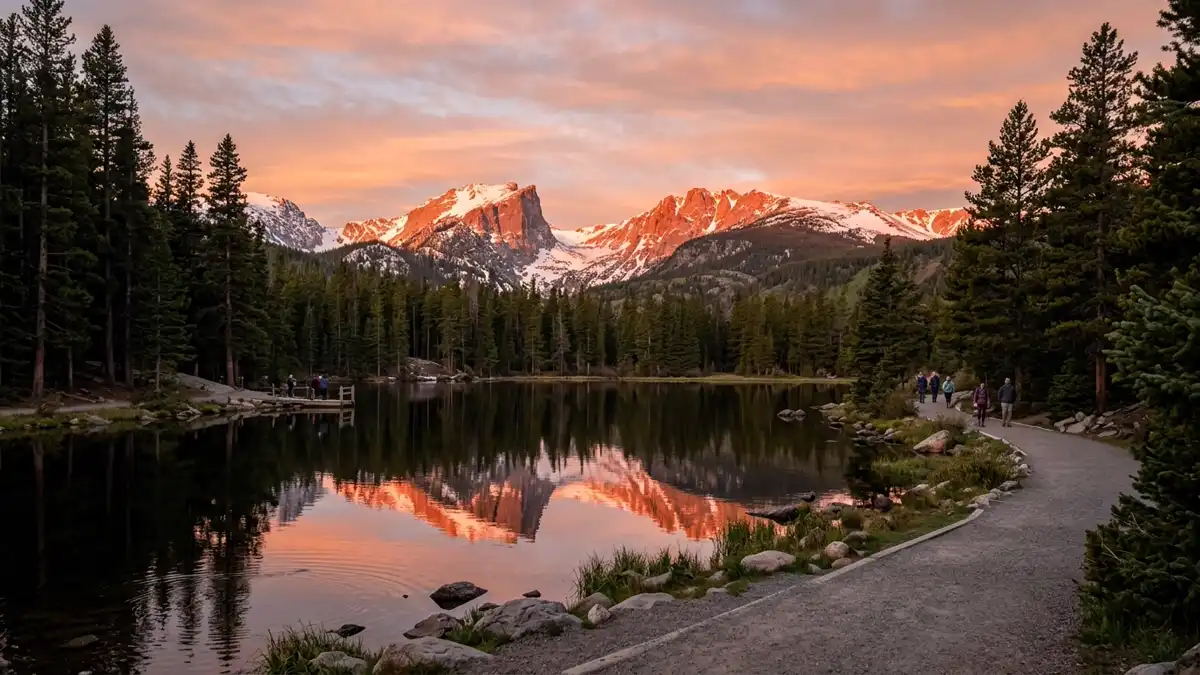 Sprague Lake at sunrise with orange-pink alpenglow reflecting Taylor Peak and Otis Peak in Rocky Mountain National Park Colorado