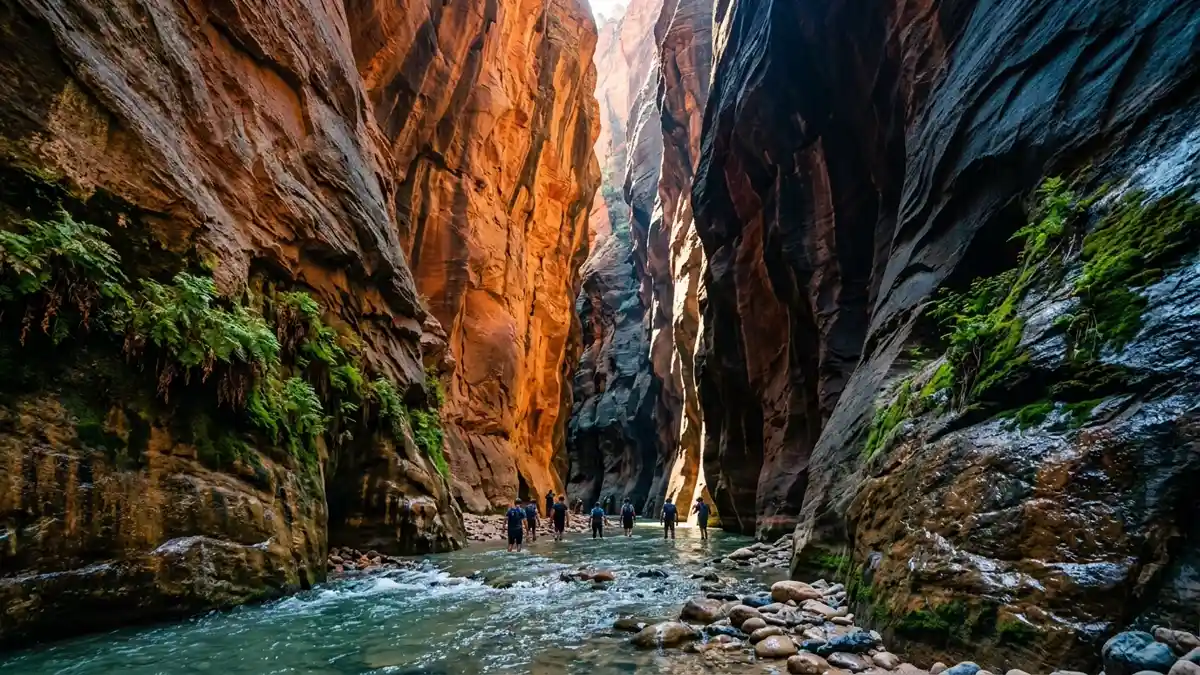The Narrows slot canyon with hikers wading through Virgin River between towering walls in Zion National Park
