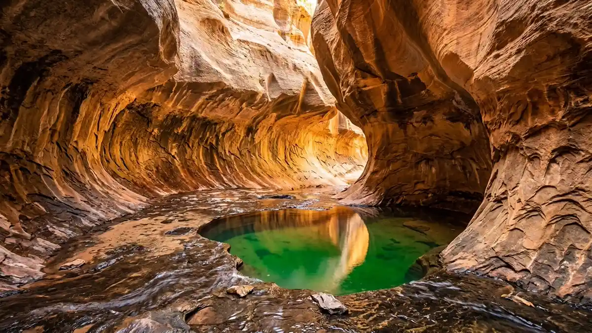 The Subway tubular slot canyon with smooth water-carved curved sandstone walls and emerald pool in Zion National Park Utah