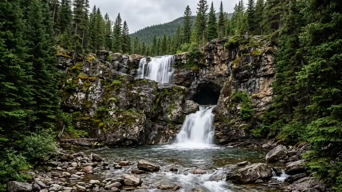 Running Eagle trick waterfall cascading from cliff top and cave at Two Medicine Valley in Glacier National Park Montana