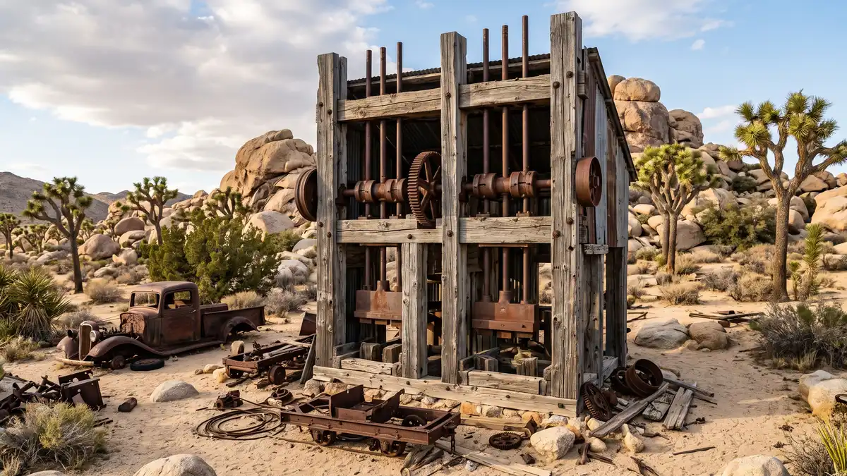 Historic Wall Street Mill gold stamp mill ruins with vintage car in Joshua Tree National Park