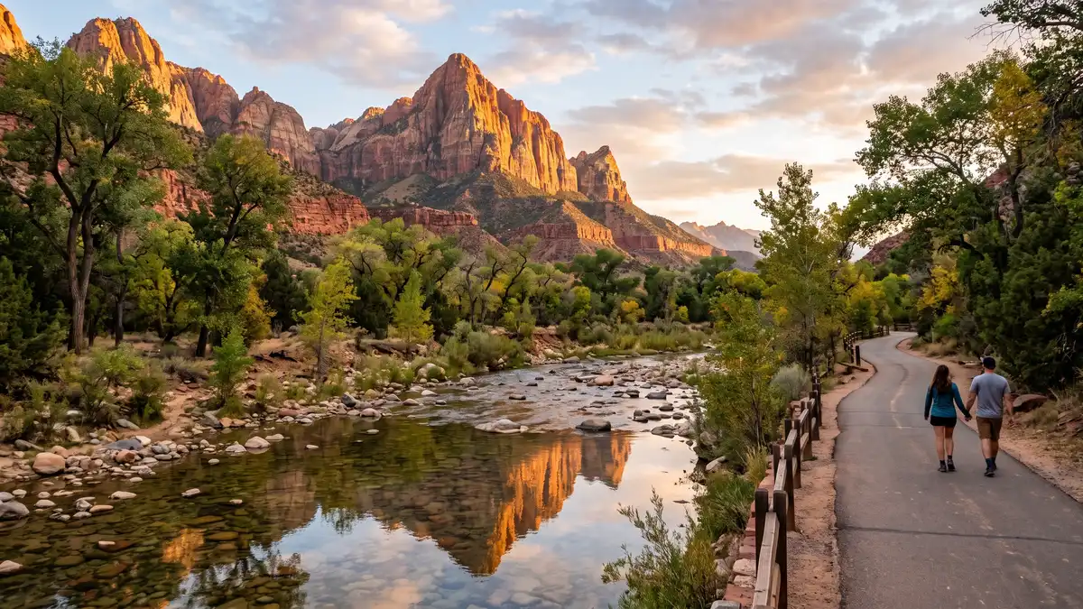 The Watchman peak glowing at sunset reflected in Virgin River at Zion National Park