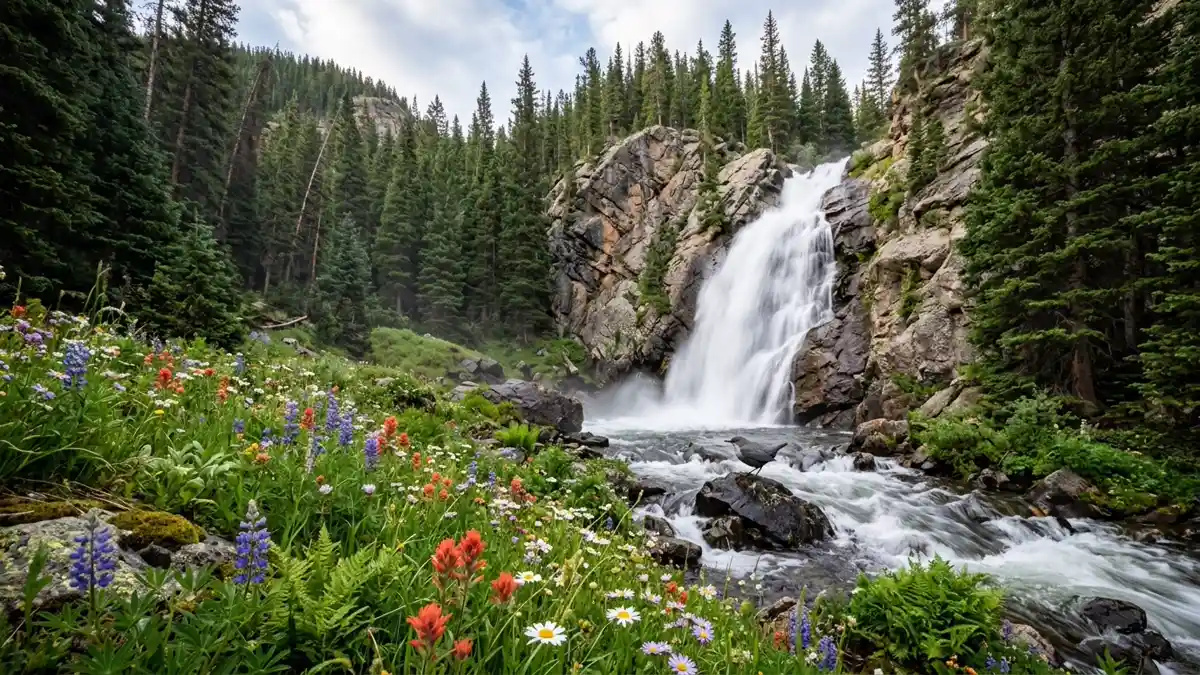 Ouzel Falls cascading through wildflower meadow in Wild Basin Rocky Mountain National Park