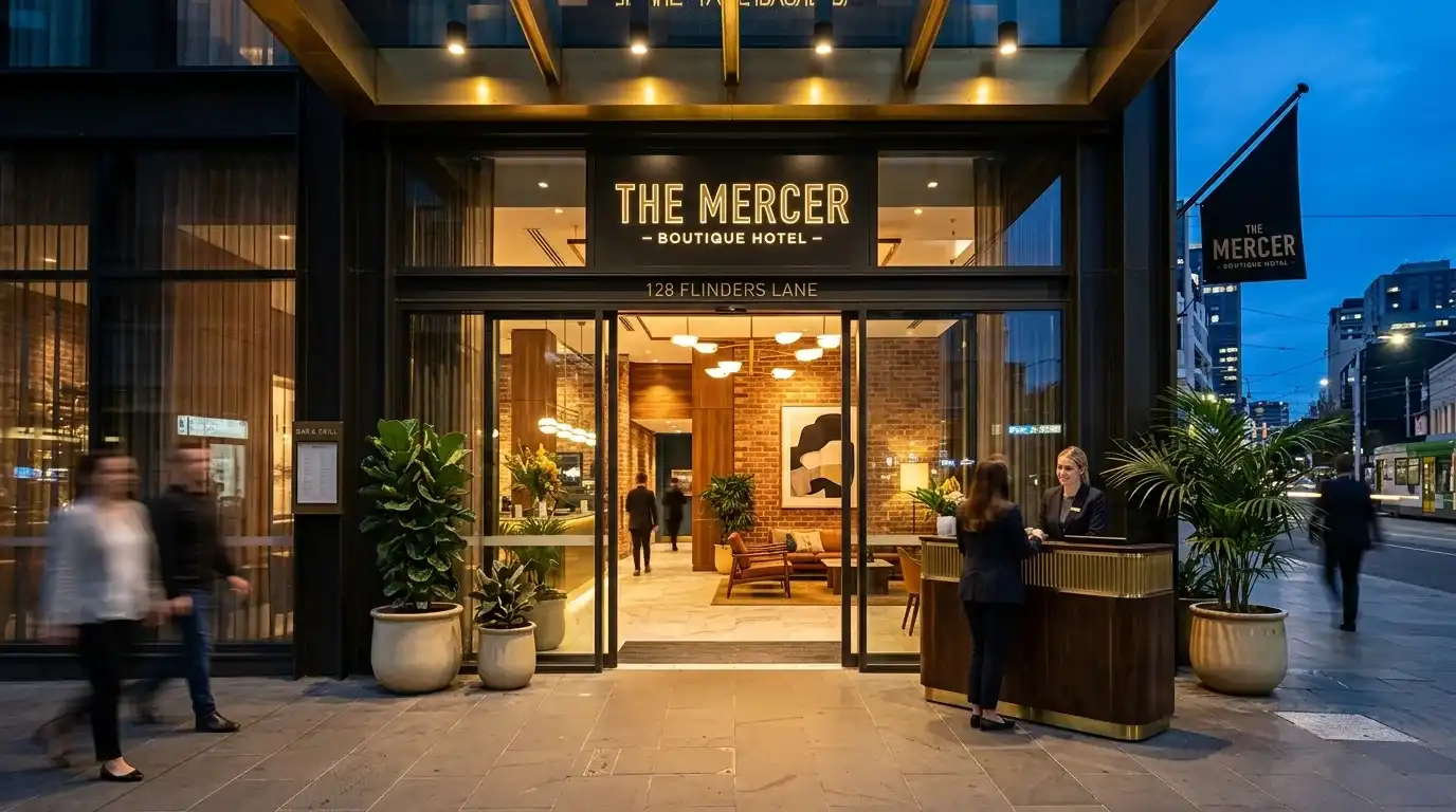 Modern hotel lobby entrance at dusk near AAMI Park Melbourne