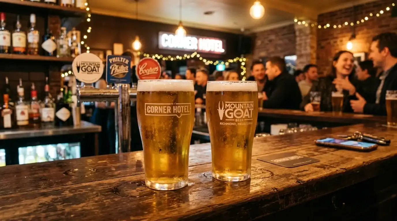 Two pints of craft beer at an Australian pub near AAMI Park with sport on screens