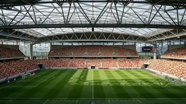 Inside AAMI Park looking across the rectangular pitch with the bioframe roof overhead