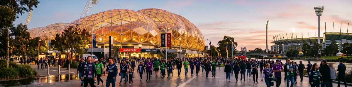 AAMI Park Melbourne at golden hour with the distinctive bioframe roof structure glowing warm and fans walking along Olympic Boulevard