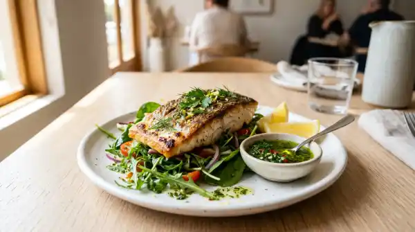 Fresh grilled barramundi at a modern Australian restaurant near Sydney Olympic Park