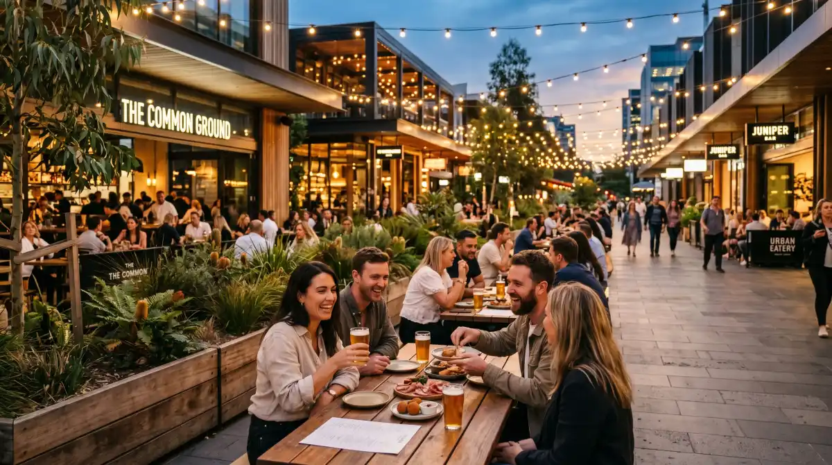Sydney Olympic Park dining precinct with outdoor seating and friends enjoying food and drinks before an event