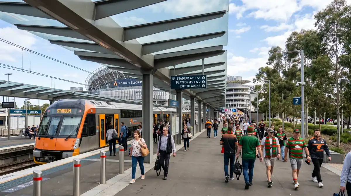 Sydney Olympic Park train station with commuters walking toward the stadium precinct