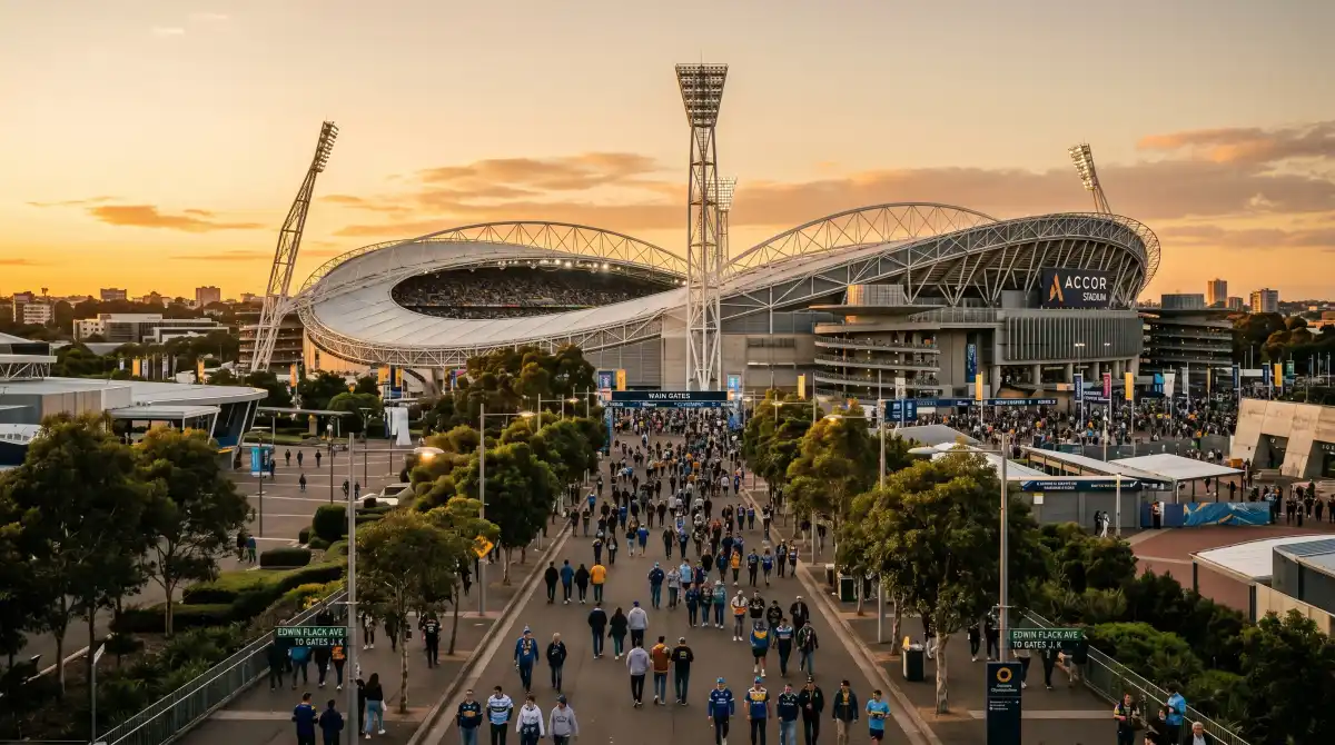Accor Stadium at Sydney Olympic Park during golden hour with fans walking along Edwin Flack Avenue toward the stadium gates