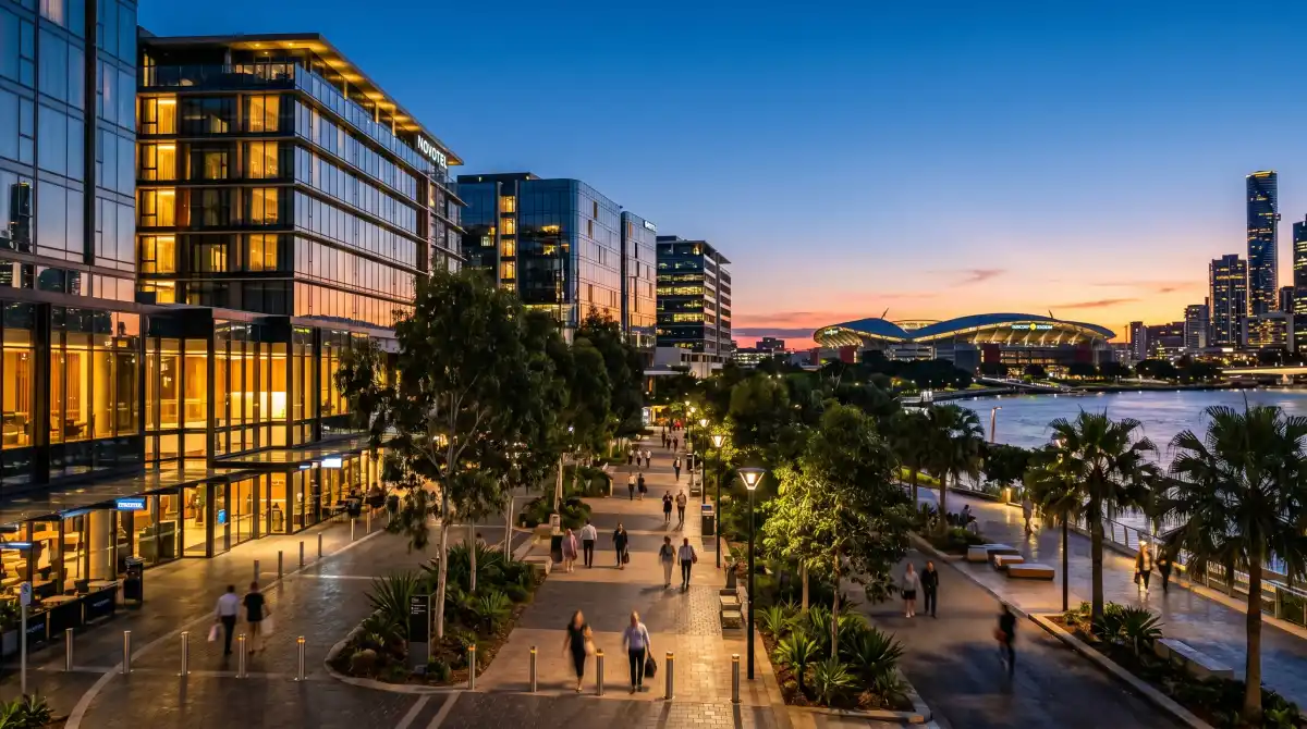 Sydney Olympic Park skyline at dusk with hotel buildings illuminated and Accor Stadium roof visible