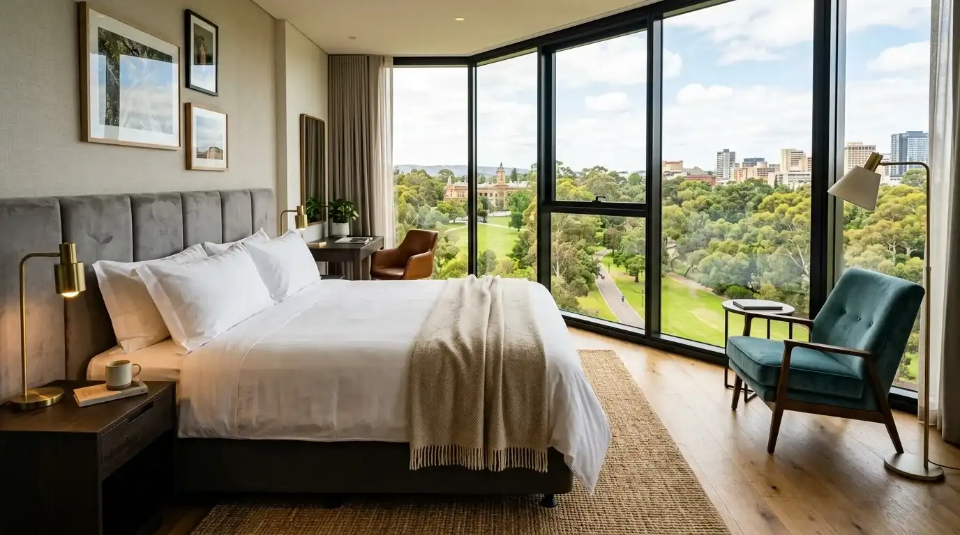 Elegant hotel room interior with a window view of Adelaide parklands