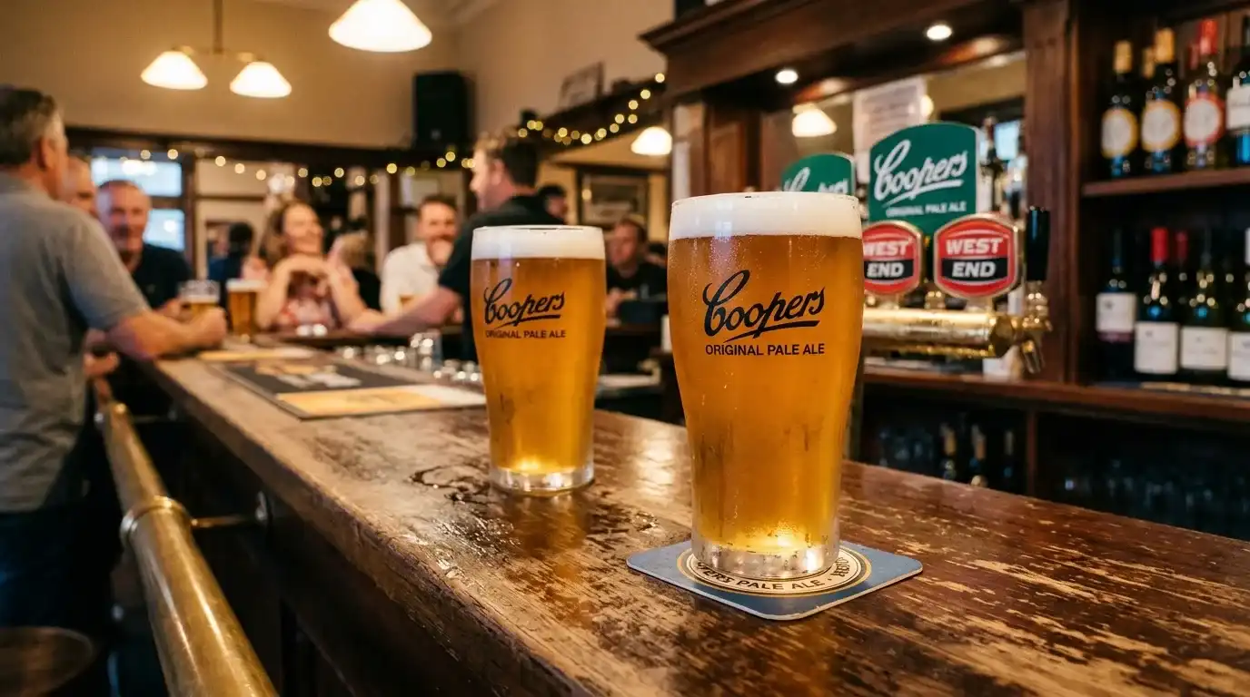 Two schooners of Coopers Pale Ale on a bar counter in a South Australian pub