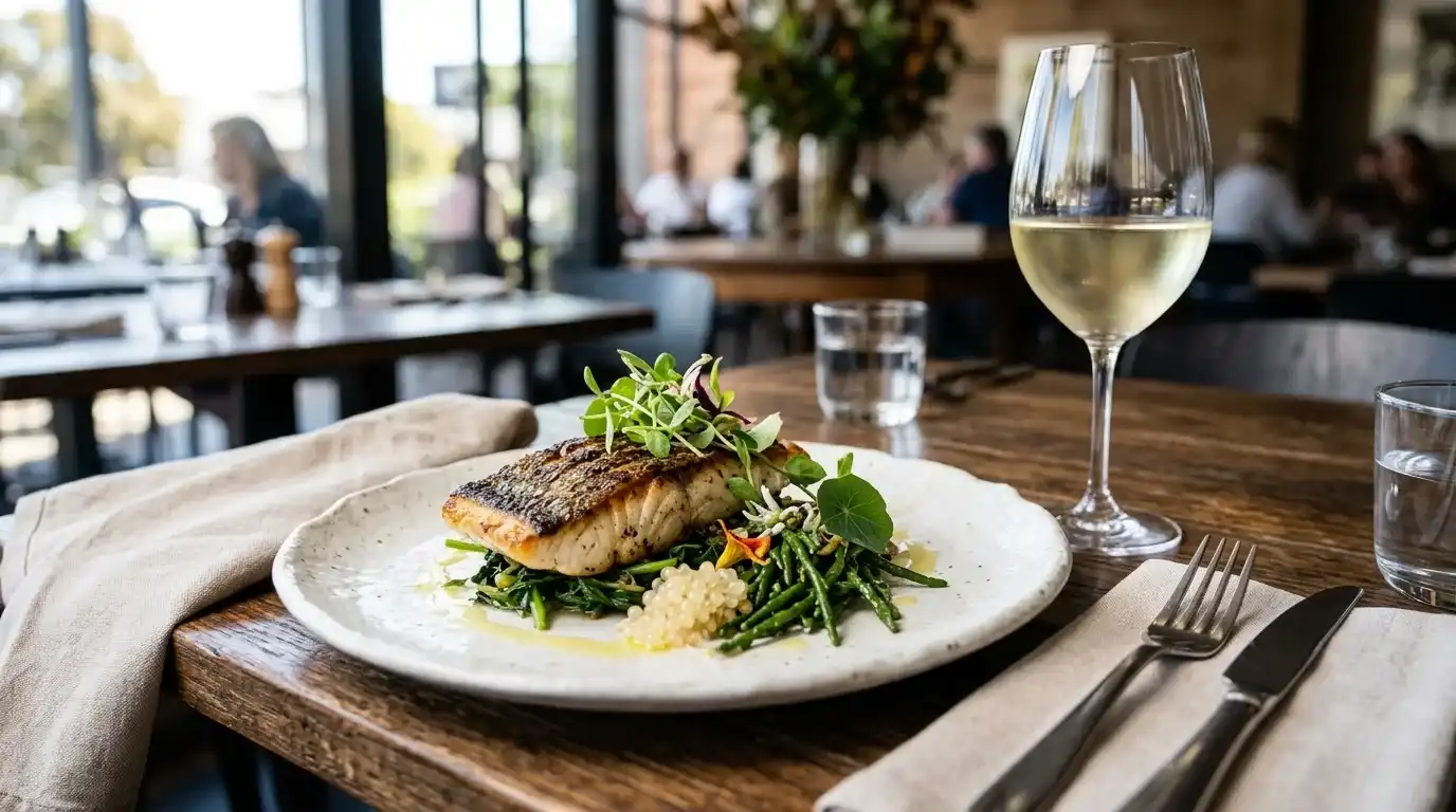 Modern Australian dish with South Australian produce and wine glass on elegant table setting