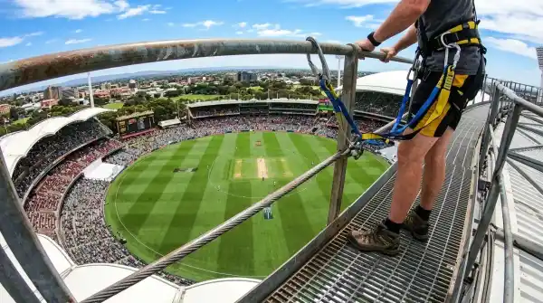 View from Adelaide Oval RoofClimb looking down at the pitch from the stadium roof