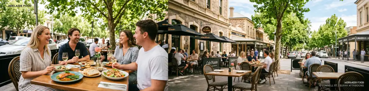 Outdoor cafe terrace on O'Connell Street North Adelaide with diners under plane trees and modern Australian food