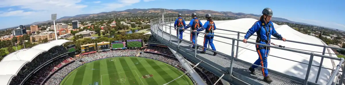 Dramatic view from Adelaide Oval RoofClimb looking down at the playing field with climbers on the roof walkway