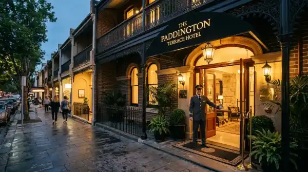 Boutique hotel entrance at dusk in Paddington Sydney near Allianz Stadium