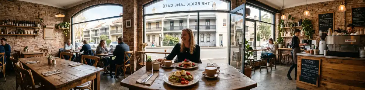 Surry Hills cafe scene with coffee and brunch plates, warm light through windows near Allianz Stadium precinct