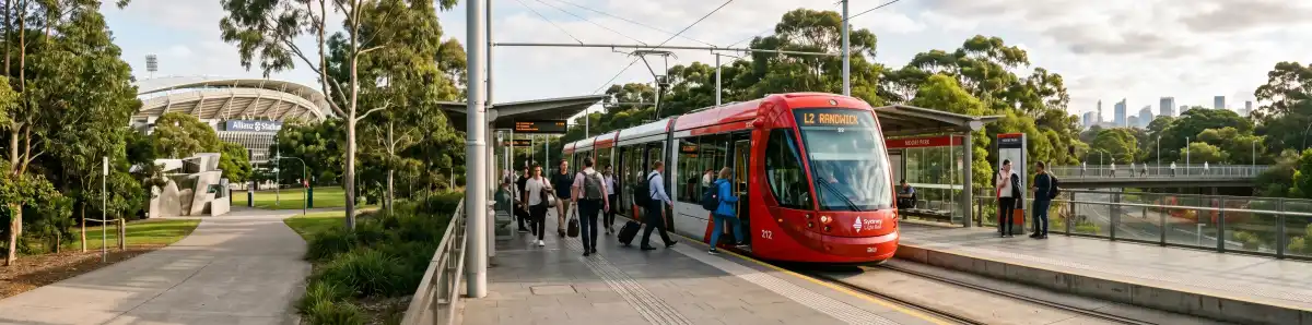 Sydney Light Rail tram at Moore Park stop near Allianz Stadium with eucalyptus trees