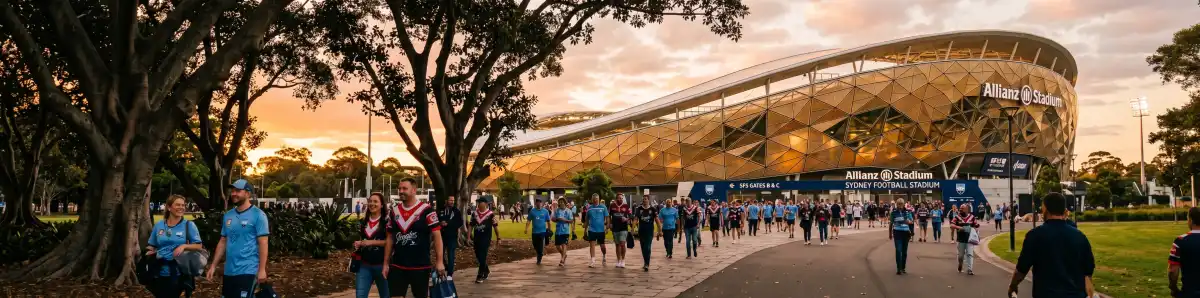 Allianz Stadium Sydney at golden hour with its modern geometric facade, Moore Park fig trees in the foreground and fans approaching