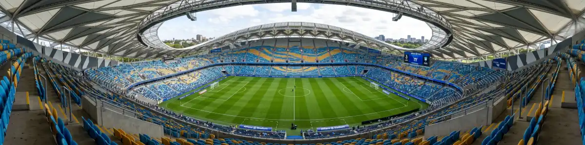Inside Allianz Stadium Sydney looking down at the rectangular pitch with modern roof architecture