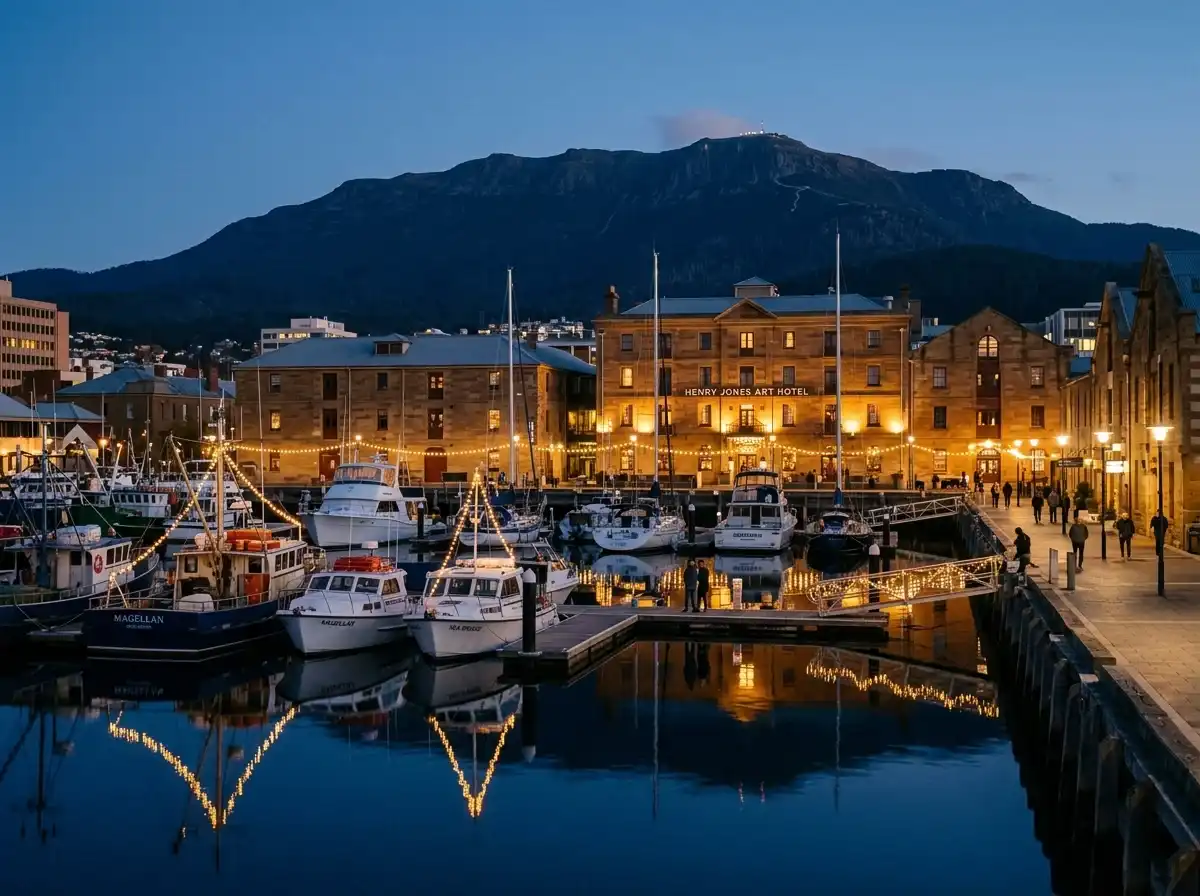 Hobart waterfront hotel at dusk with Constitution Dock and Mount Wellington backdrop