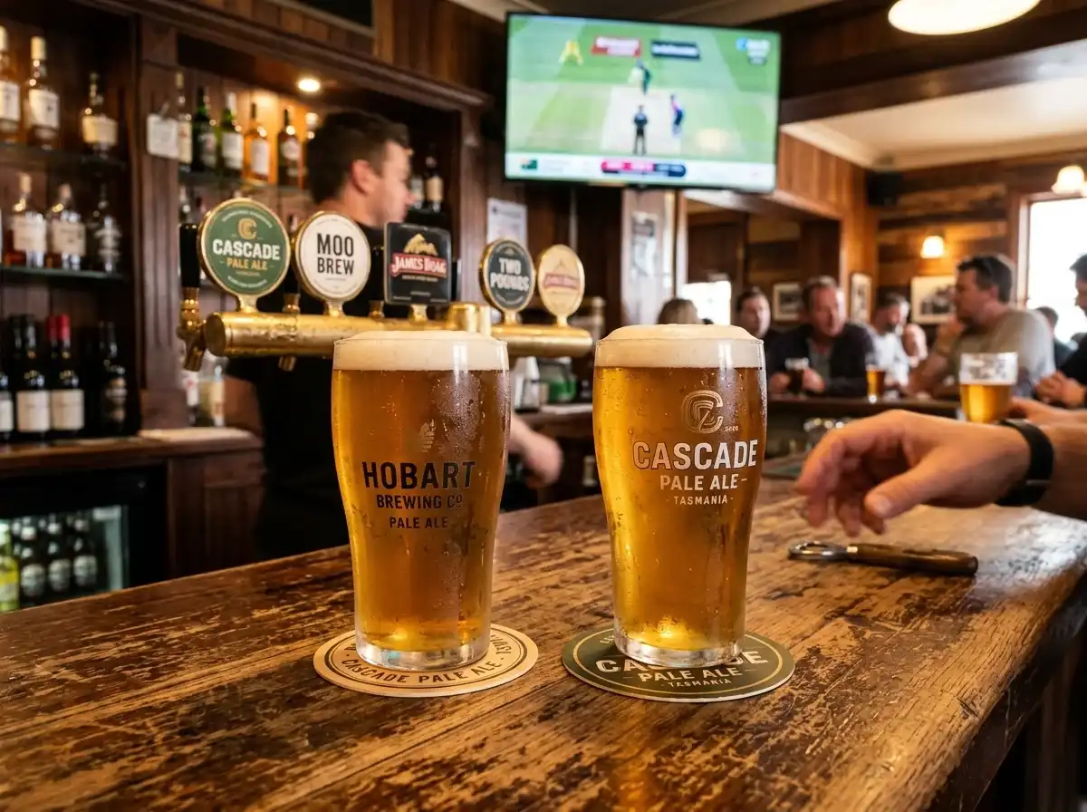 Two pints of Tasmanian craft beer at a pub near Blundstone Arena